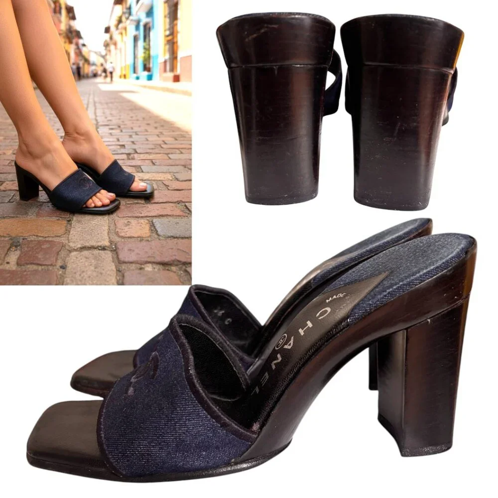 90'S Y2K VTG. AUTHENTIC‎ CHANEL DENIM CC LOGO SLIDES MULES SANDALS SZ. 6 EUC